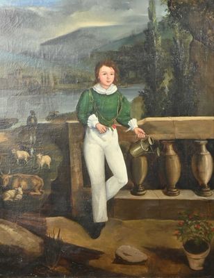 painting of a boy in a green shirt and white pants standing on a balcony