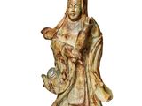 statue of a woman holding a baby and a bird on a white background