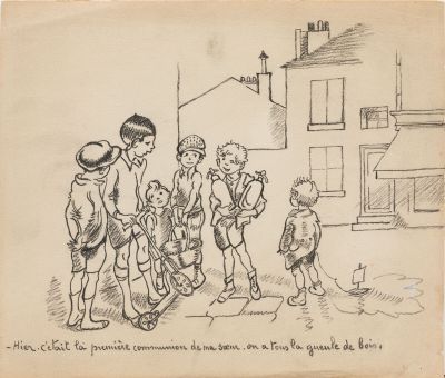 dessin représentant un groupe d'enfants debout devant une maison