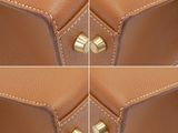 four different pictures of a brown purse with gold rivets