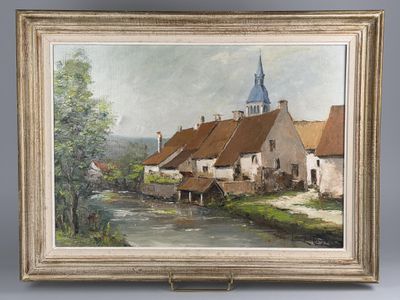 une peinture à l'huile représentant une scène de village avec une rivière et une église
