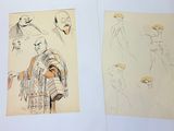 several sketches of a man in a suit and a woman in a dress