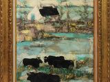 une peinture à l'huile représentant des vaches paissant dans un champ au bord d'une rivière