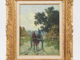 une peinture à l'huile représentant une calèche tirée par des chevaux sur un chemin de terre