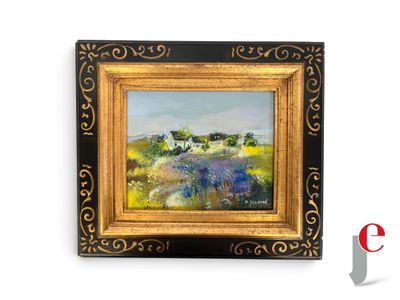 une peinture à l'huile d'un champ avec une maison au loin