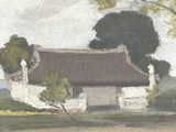 painting of a white house with a thatched roof and trees in the background