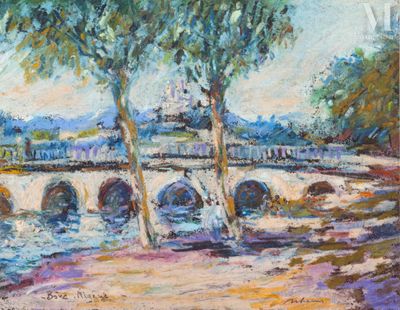 une peinture à l'huile représentant un pont enjambant une rivière, avec des arbres au premier plan