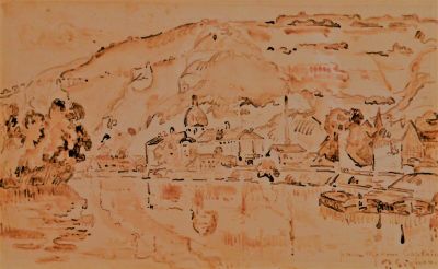 drawing of a landscape with a mountain in the distance and a village in the foreground