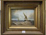 une peinture à l'huile représentant un voilier en pleine mer agitée, avec un autre voilier au premier plan