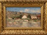 an image of a painting of a farm scene in a gold frame