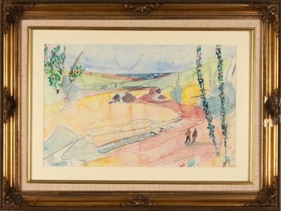 an image of a watercolor painting of a landscape in a gold frame