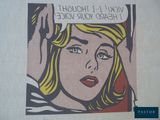 andy warhol ' s pop art poster of a woman ' s face with a speech bubble above her head
