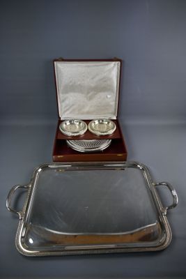 silver plated serving tray with two bowls and a wooden box