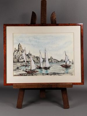 tableau représentant des voiliers sur l'eau, devant un chevalet