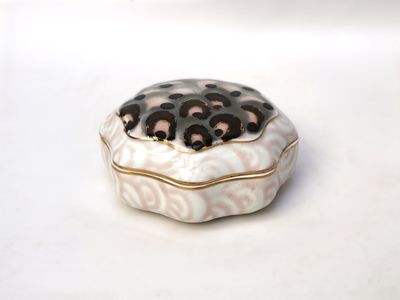 a white box with a black and white design on it