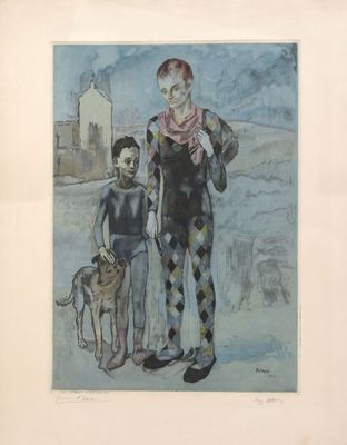 painting of a man and a boy with a dog on a beach