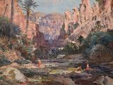 a painting of a river in the middle of a canyon