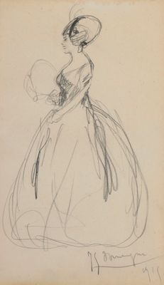 un vieux dessin représentant une femme en robe de bal, coiffée d'un chapeau