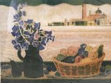 a painting of a basket of fruit and a vase of flowers