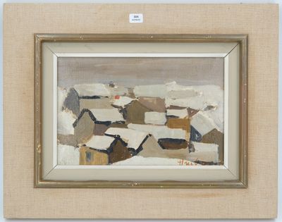 an image of a painting of a snowy landscape with houses in the foreground