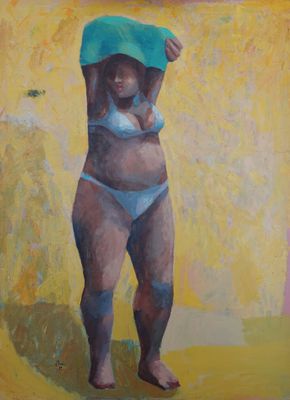 une peinture à l'huile représentant une femme en bikini, avec une serviette sur la tête