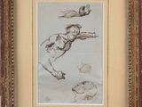a drawing of a man flying through the air next to a bird