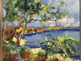 une peinture représentant une peinture d'un arbre et d'un plan d'eau