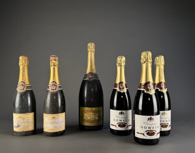 a group of six bottles of champagne sitting next to each other