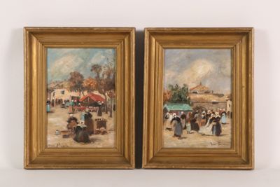 pair of oil paintings of people on a beach with umbrellas