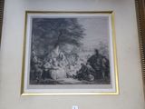 tableau encadré représentant un groupe de personnes dans un décor boisé