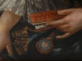 a painting of a woman holding a book and a pocket watch