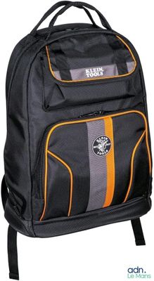 the back pack is black and orange with a small logo on it