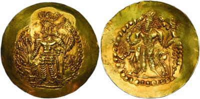 a close up of two gold coins on a white background