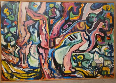 peinture abstraite représentant un groupe de personnes dans un environnement boisé