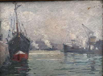 a painting of a ship in the water with other ships in the background