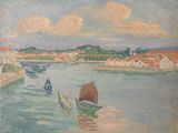 une peinture de bateaux sur l'eau dans un port