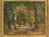 une peinture à l'huile représentant un sentier traversant une zone boisée parsemée d'arbres
