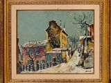 an oil painting of a house in the snow by a fence