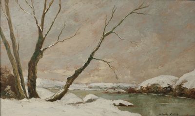 une image représentant un tableau d'une rivière dans un paysage enneigé