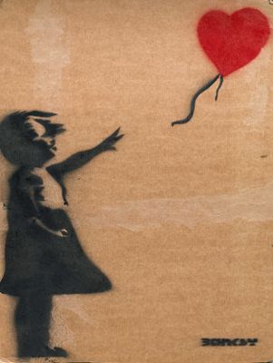 a painting of a little girl holding a red balloon