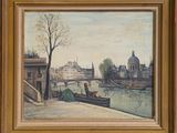 an oil painting of a boat on a river with buildings in the background