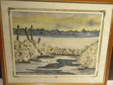 tableau représentant un paysage désertique avec des cactus et une rivière