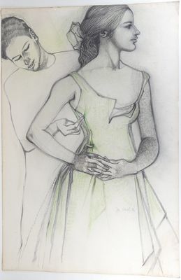 dessin représentant une femme en robe verte et un homme en chemise blanche