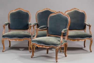set of four louis xv style armchairs with blue velvet upholstered seats