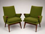 pair of mid century danish lounge chairs in green upholstered upholstered