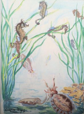 peinture d'hippocampes et d'hippocampes dans un aquarium avec des algues