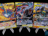 four different types of pokemon cards are shown on a black background