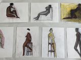 sketches of a woman sitting on a stool in different poses