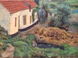 a painting of a house with a red roof and a pile of hay in front of it