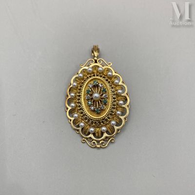 Pendentif-broche or, émeraudes et perles - Photo 1
